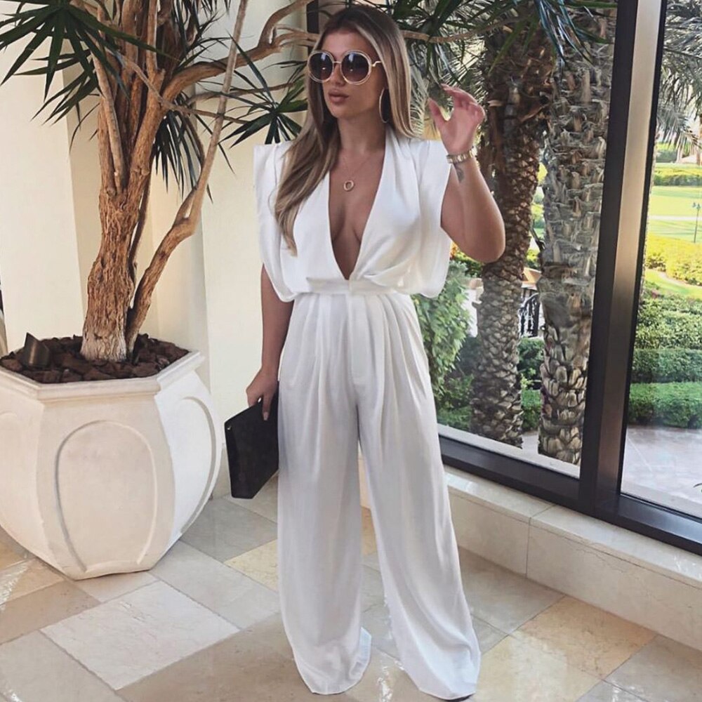 BASREY Sexy Deep V-neck Backless Loose And Comfortable Wide Leg Party Jumpsuit DN80918