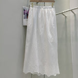 Boho Elegant White Long Skirt Women Hook Flower Hollow Folds Hem High-waisted Skirts Casual Holiday Female Clothes