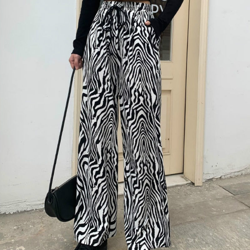 Gbolsos Pants Women Lace-up Adjustable Zebra Pattern Striped Fashionable Loose Leisure Stylish Straight Trousers Womens Comfortable Chic
