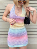 Gbolsos V-Neck Knitted Dress Tie-Dye Holiday Party Backless Beach Cover-Up Dress Bodycon Slim Sleeveless Summer Mini Sweater Dress