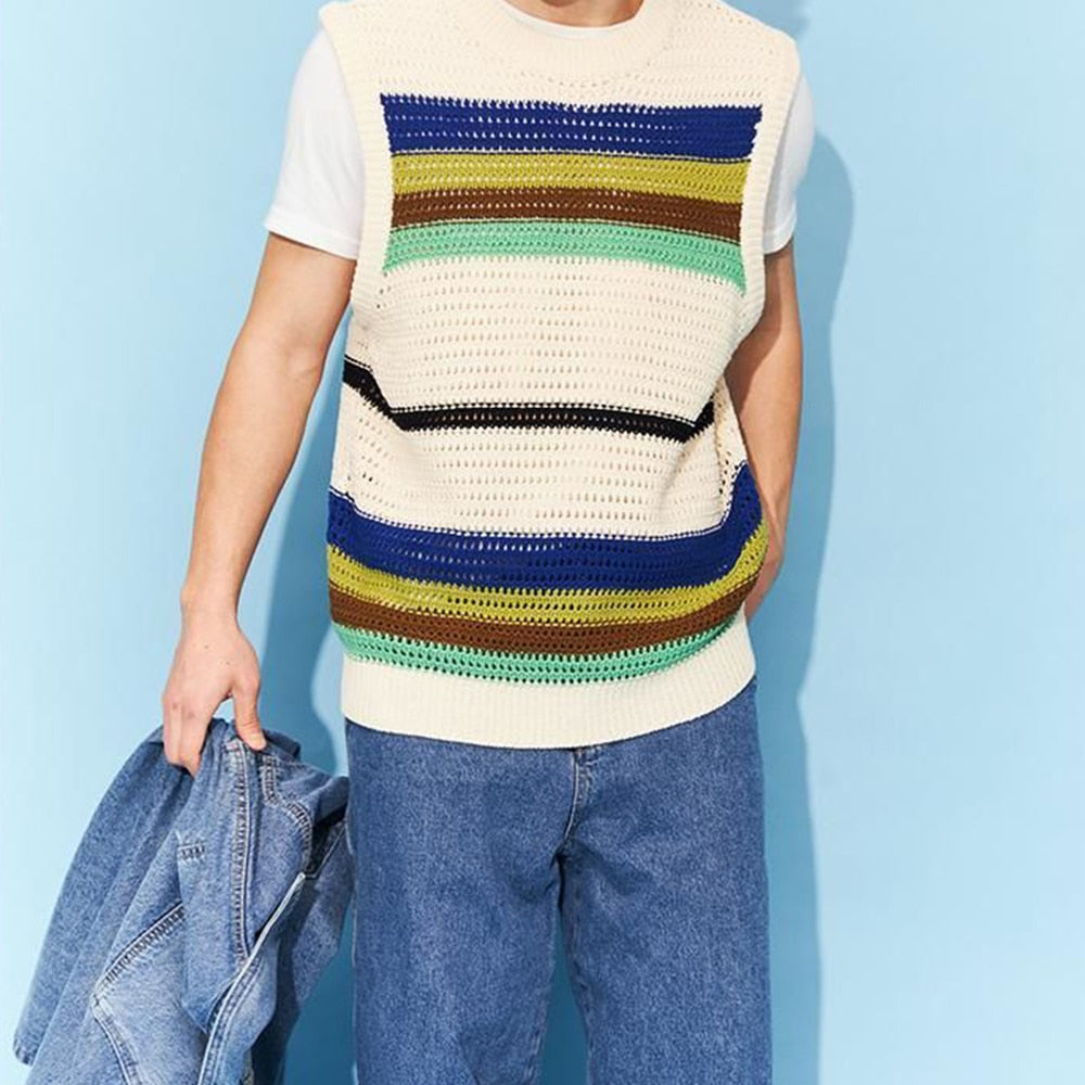 Gbolsos Spring New Hollow Stripe Knitwear Sweater Vest 2023 Contrast Color O Neck Casual Tank Tops Korean Fashion Male Sleeveless Tees