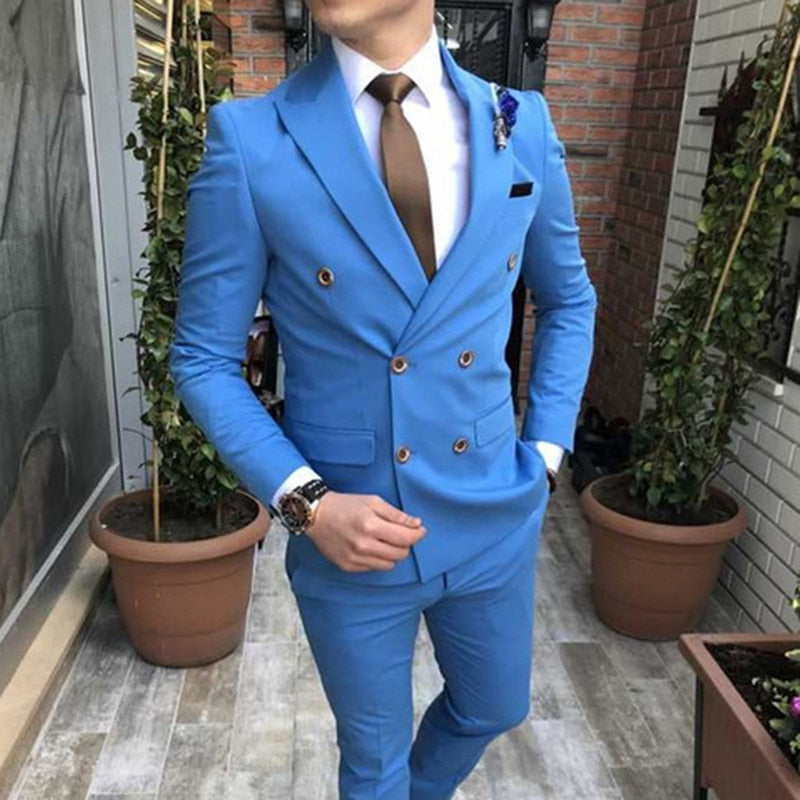 Gbolsos Slim fit Double Breasted Suit for Men 2 Piece Light Blue Wedding Tuxedo for Groom Peaked Lapel Custom Man Fashion Costume