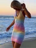 Gbolsos V-Neck Knitted Dress Tie-Dye Holiday Party Backless Beach Cover-Up Dress Bodycon Slim Sleeveless Summer Mini Sweater Dress