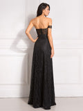 Gbolsos Off Shoulder Sparkle Glitters Floor Length Split Party Maxi Dress Full Lining Padded Backless Long Black Dress