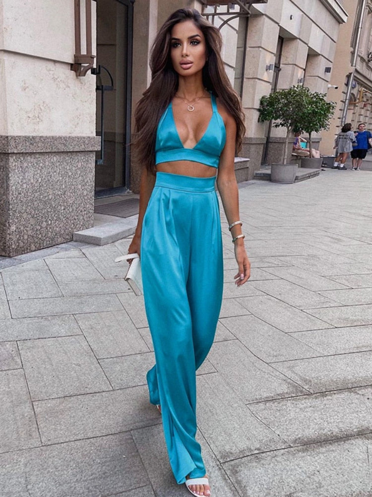 Sexy Silky Satin Camis Crop Top and Pants 2 Piece Sets Women   Fashion High Waist Pants Matching Sets Outfits Streetwear