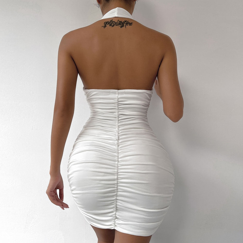 Gbolsos Sexy Ruffle V Deep Evening Party Dress Summer Short White Halter Dresses Women Tight Club Mini Dress Clubwear