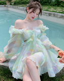 Gbolsos France Sweet Tie-dyed Fairy Dress Women Elegant Chic Ruffles V-Neck Long Sleeve Princess Dresses Female Casual Beach Vestidos