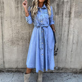 Gbolsos Women Sexy Button V Neck Washing Denim Dress Casual Summer Short Sleeve Long Dress Spring Vintage Fashion Jean Party Dress