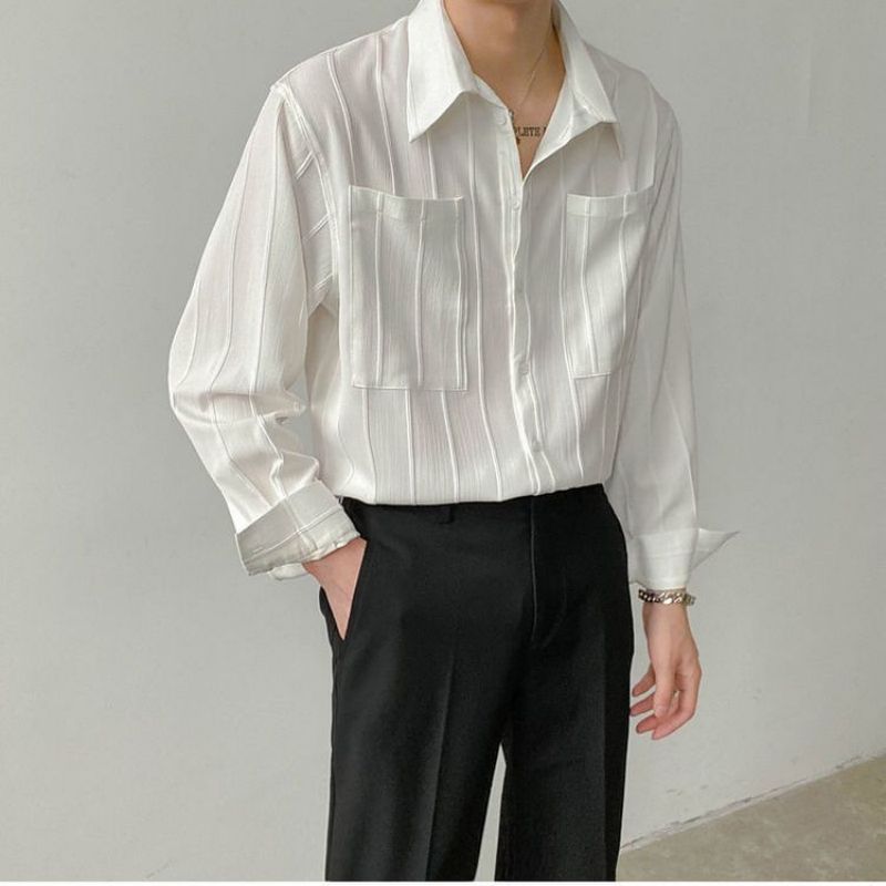 Gbolsos Fashion Lapel Button Spliced Pockets All-match Shirts Men's Clothing 2023 Spring New Loose Casual Tops Solid Color Korean Shirt