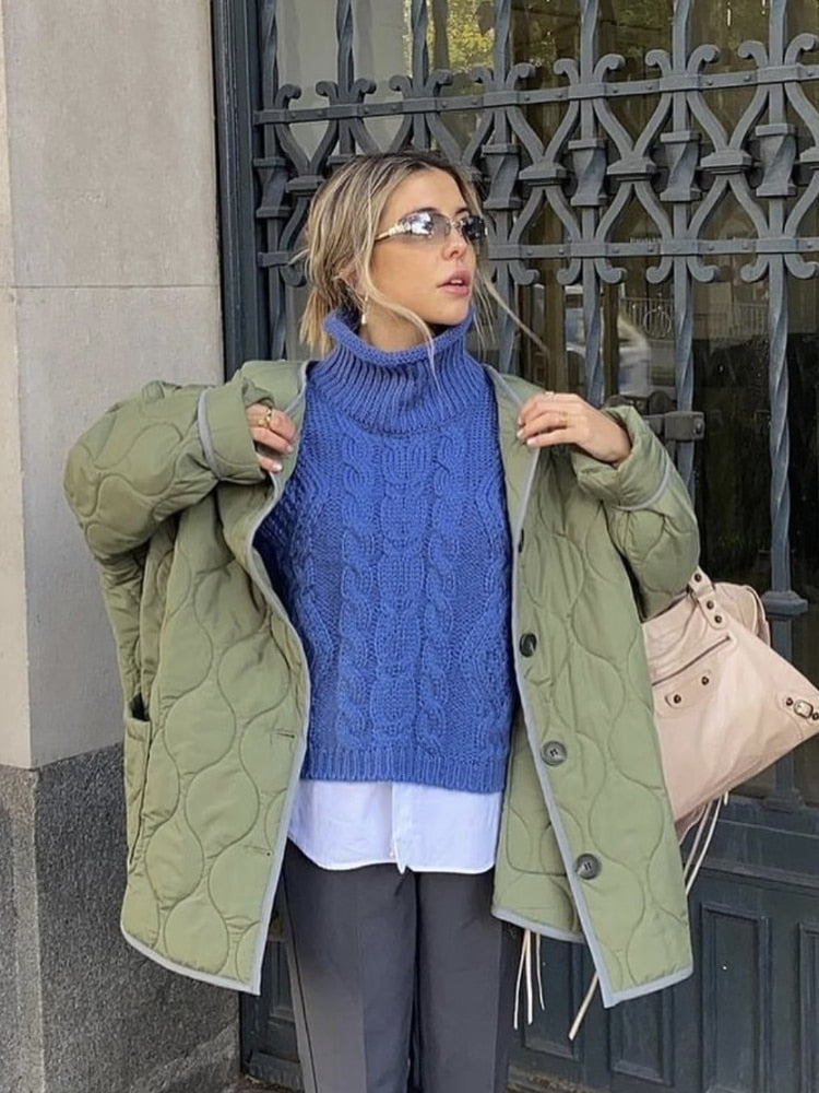 Fashion O Neck Single-breasted Diamond-shaped Padded ArmyGreen Quilted Coat Women   Autumn Winter New Casual Street Outwear