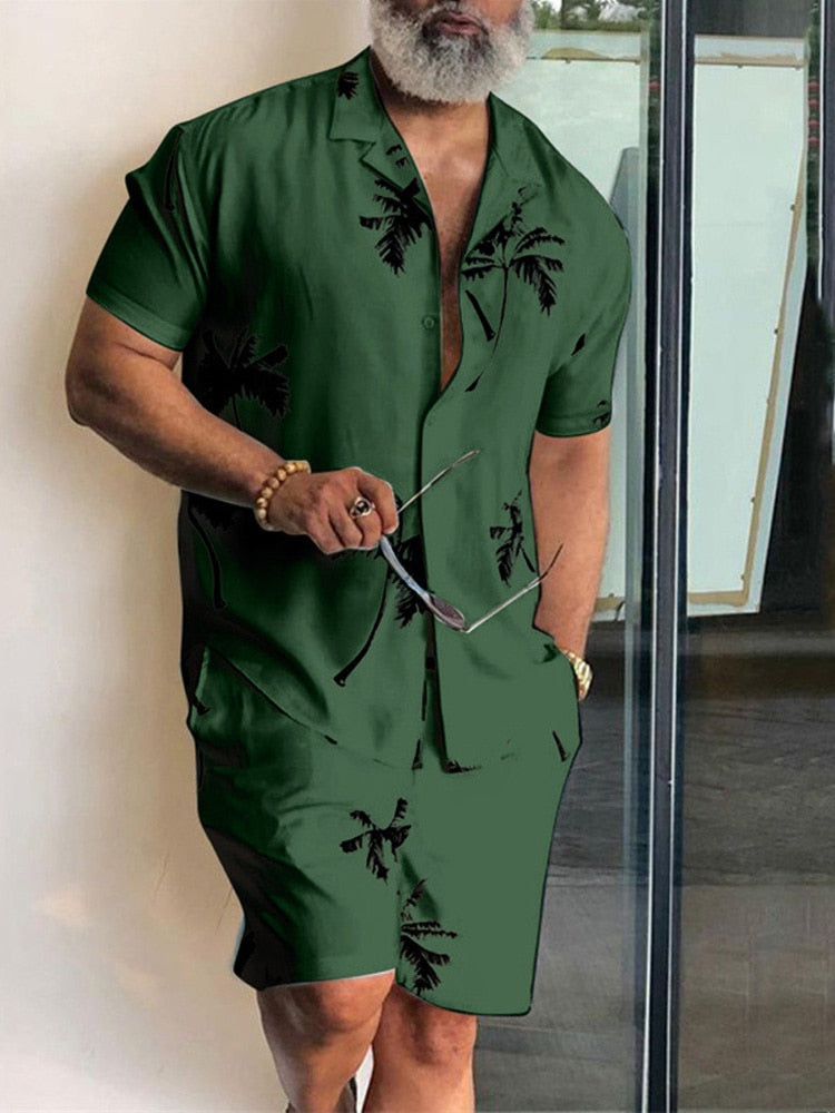 Gbolsos Summer Short Sleeve Beach Shirts And Shorts Sets Men Fashion Printed Two Piece Suits For Mens Clothing Casual Loose Outfits