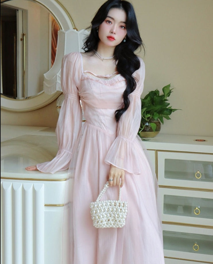 Gbolsos Elegant Evening Party Midi Dress Women Bubble Sleeve French Vintage Sweet Dress Female Pink Korean Style Fairy Dress Autumn