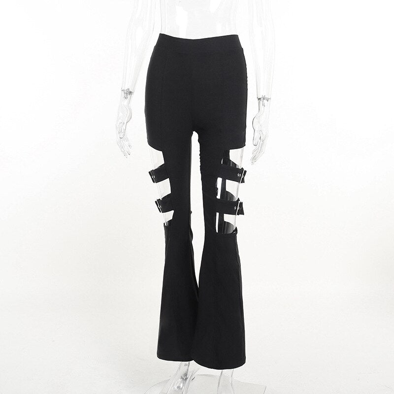 Y2K Sexy Hollow Out  Adjustment Black Flared Pants   Summer Fashion High Waist Casual Club Streetwear