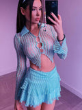 Sexy Y2K See Through Top + Skirt 2 Piece Sets Women   Fashion Button Up Lace Short Shirt Skirt Matching Set Party Clubwear