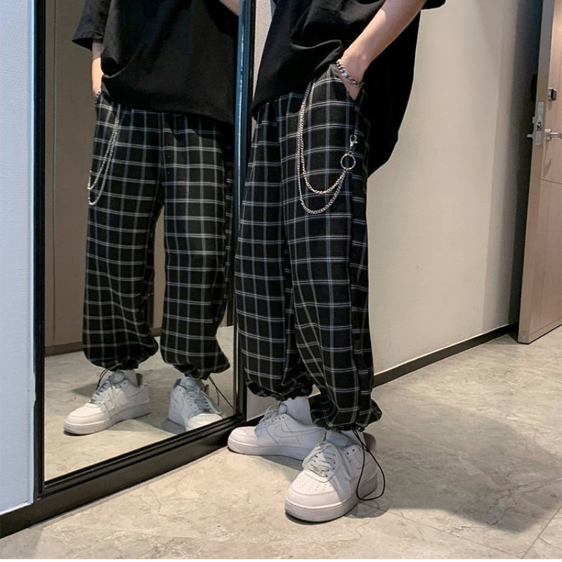 Gbolsos Plaid Wide Leg Trouser Belt Chain Sleepwear Men's Wear Summer Hip Hop Casual Pants Fashion Men's Pants