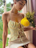 Sexy Halter Hollow Lace Up Floral Print Crop Tops Women  Summer Tie Up Backless Camisole Boho Casual Beach Holiday Top Yellow