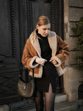 Vintage Single-breasted Faux Lamb Wool Jackets Women   Autumn Winter Retro Casual Contrast Color Loose Suede Jacket Streetwea