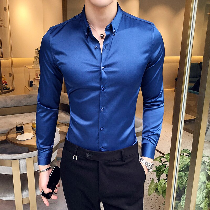 Gbolsos Men's Shirt Neckline Embroidery Long Sleeve Casual Slim Men's Dress Shirt Solid Color Formal Business Social Clothing Top