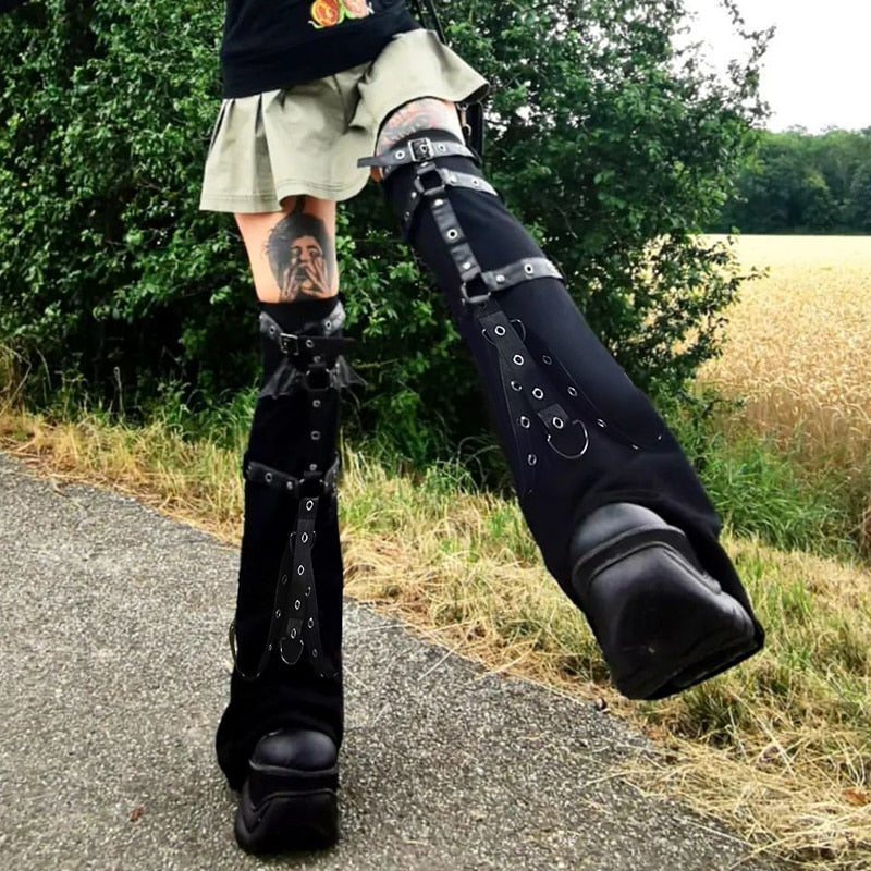 Gbolsos 2000s Punk Leg Warmers Academia Mall Goth Knee Sleeves Bandage Leg High Boot Stockings Full Length Women Socks y2k