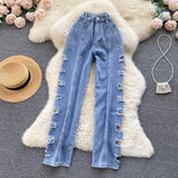 Gbolsos Women Jeans Summer Blue Denim Trouser High Waist Ripped Holes Straight Leg Full Length Pants Casual Street Clothes