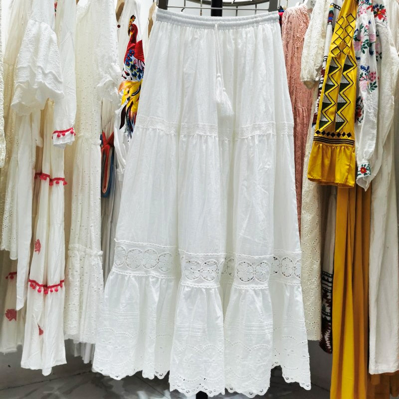 Boho Elegant White Long Skirt Women Hook Flower Hollow Folds Hem High-waisted Skirts Casual Holiday Female Clothes