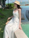 Gbolsos Summer New French Retro Satin Sexy Super Fairy White Suspender Dress Seaside Holiday Wind Open Back Beach Long Skirt Women