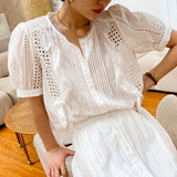 French Elegant Lace Cardigan Shirt Women Cotton Chic Button V Neck Long Sleeve Bluoses Solid Color Commute Tops Female