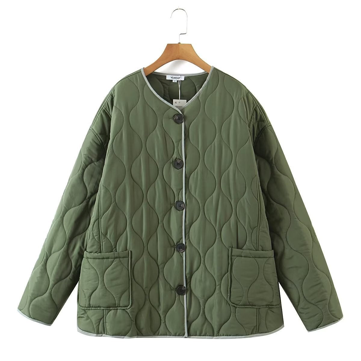 Fashion O Neck Single-breasted Diamond-shaped Padded ArmyGreen Quilted Coat Women   Autumn Winter New Casual Street Outwear