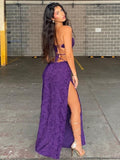 Sexy Lace Up Crop Top Split Long Skirt Purple 2 Piece Sets Women   Summer Backless Matching Sets Beach Holiay Lady Dresses