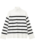 Gbolsos Casual Knitted Sweater Autumn Femme Vintage V Neck Striped Loose Elegant Pullover Chic Jumper Women's Long Sleeve Top