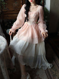 Gbolsos French Vintage Sweet Fairy Dress Women Bow Elegant Evening Party Midi Dresses Female Long Sleeve Korean Style Dress Summer