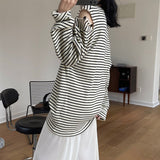 Gbolsos Spring And Autumn Women's Casual Striped Sweatshirt Round Neck Long-sleeved Off-the-shoulder Loose Sweater