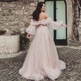Gbolsos Pink Shiny Tulle Prom Dresses Off The Shoulder Long Puff Sleeve Evening Party Gowns Slit Women Arabia Wedding Dress
