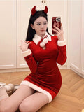 Gbolsos Red Christmas Sexy Party Mini Dress Women Bodycon Elegant Korean Style Dress Female Long Sleeve Casual Dresses New Year Christmas