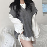 Gbolsos Sweater Vests Women Knitted Tank Sweaters V-neck Solid Sleeveless Casual Long Sleeves Vintage Spring/Autumn Female High Street