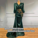 Gbolsos Chic Mermaid PromDress One Shoulder Beaded Lace Long Sleeves Green Satin Arabic Muslim Formal Party Dresses