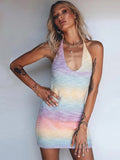 Gbolsos V-Neck Knitted Dress Tie-Dye Holiday Party Backless Beach Cover-Up Dress Bodycon Slim Sleeveless Summer Mini Sweater Dress