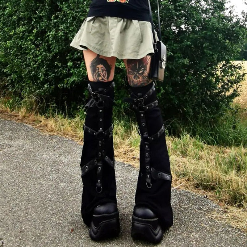 Gbolsos 2000s Punk Leg Warmers Academia Mall Goth Knee Sleeves Bandage Leg High Boot Stockings Full Length Women Socks y2k