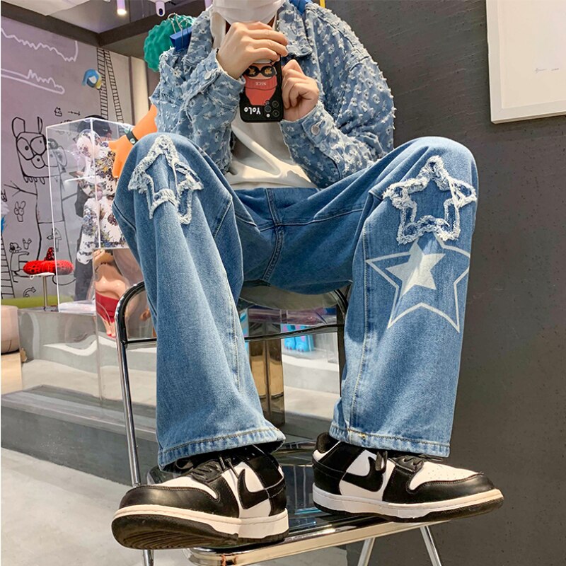 Gbolsos Y2K Star Pants Men's Jeans with Stars Streetwear Hip Hop Denim Pants Straight Trousers Male Embroidered Loose Casual