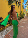 Elegant Backless Chain Draped Green Maxi Dress for Women  Summer Sexy Halter Sleeveless Party Club Vestido Beach Long Dresses
