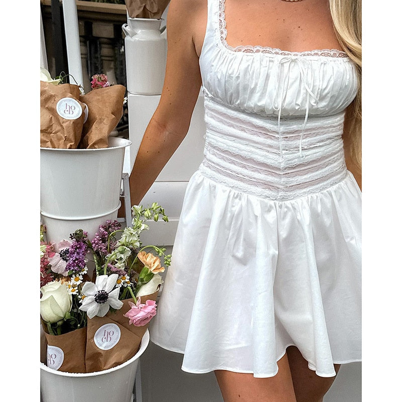 Gbolsos Square Neck White Dress Lovely Lace Patchwork A Line Holiday Party Dresses Casual Mini Summer Dresses Women