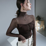 Gbolsos Fashion Mesh T Shirt Girls Lace-up Turtleneck Patchwork High Stretch Autumn Tee Shirts Women Trend Top