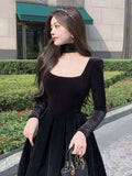 Gbolsos Velvet Elegant Evening Party Midi Dresses Ladies Black France Vintage Dress Women New Winter Korean One-piece Dress Autumn
