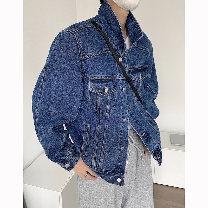 Gbolsos Spring Short Denim Jacket Men Fashion Pocket Shoulder Pad Jacket Men Streetwear Korean Loose Bomber Jacket Mens Denim Jacket