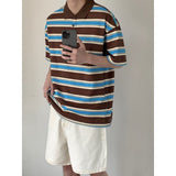 Gbolsos Summer Cotton Short Sleeved T-shirt Men Fashion Oversized Stripe T Shirt Korean Loose Lapel Tshirt Mens Polo Shirt M-2XL