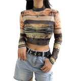 Autumn Fairy Grunge Crop Tops Y2K Graphic Casual T-shirt Women O Neck Long Sleeve Skinny Tees Slim Fit Pullovers Streetwear
