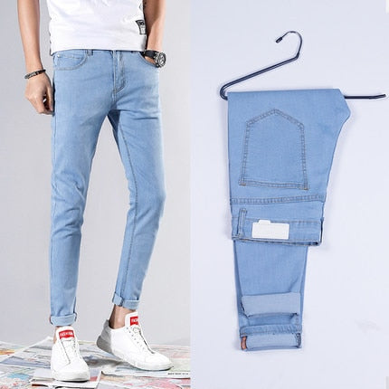 Gbolsos2021 New Men Stretch Skinny Jeans Fashion Casual Slim Fit Denim Trousers Blue Black  White Sky blue Pants Male Brand Clothes
