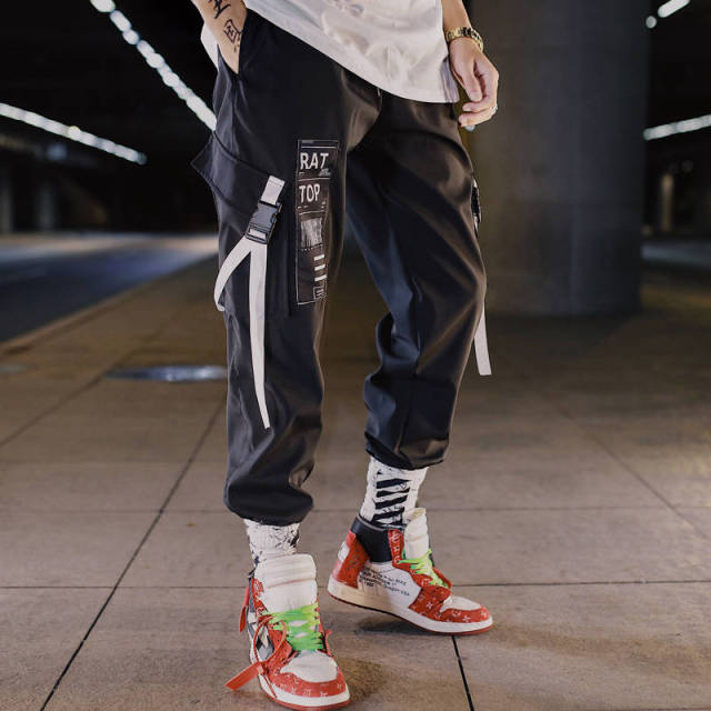 Hip hop Streetwear Men Harem Cargo Pants Korean Jogger Sweatpants Solid color Black White Ankle Length Trousers White Techwear