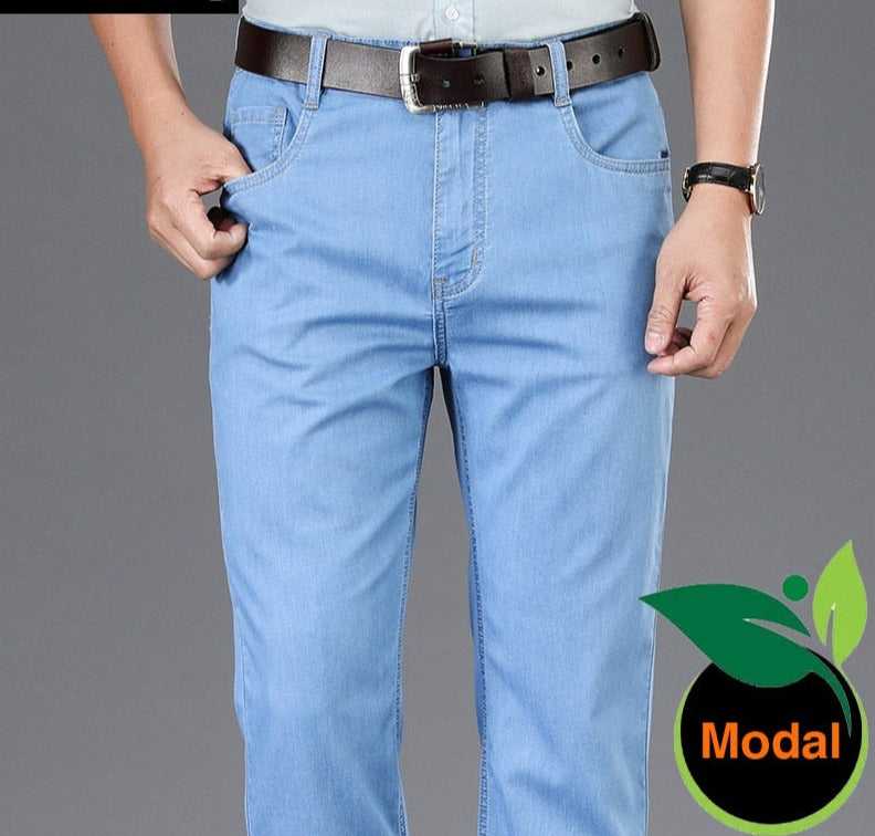 Summer Men's Light Blue Thin Jeans Modal Fabric High Quality Business Casual Stretch Jean Trousers Male Brand Pants Dark Grey