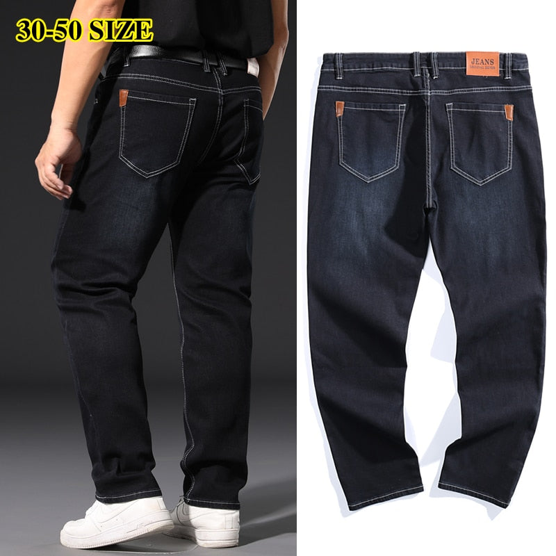 Plus Size 42 44 46 48 50 52 Men's Business Loose Jeans Classic Style Straight Stretch Denim Trousers Male Brand Pants Black Blue